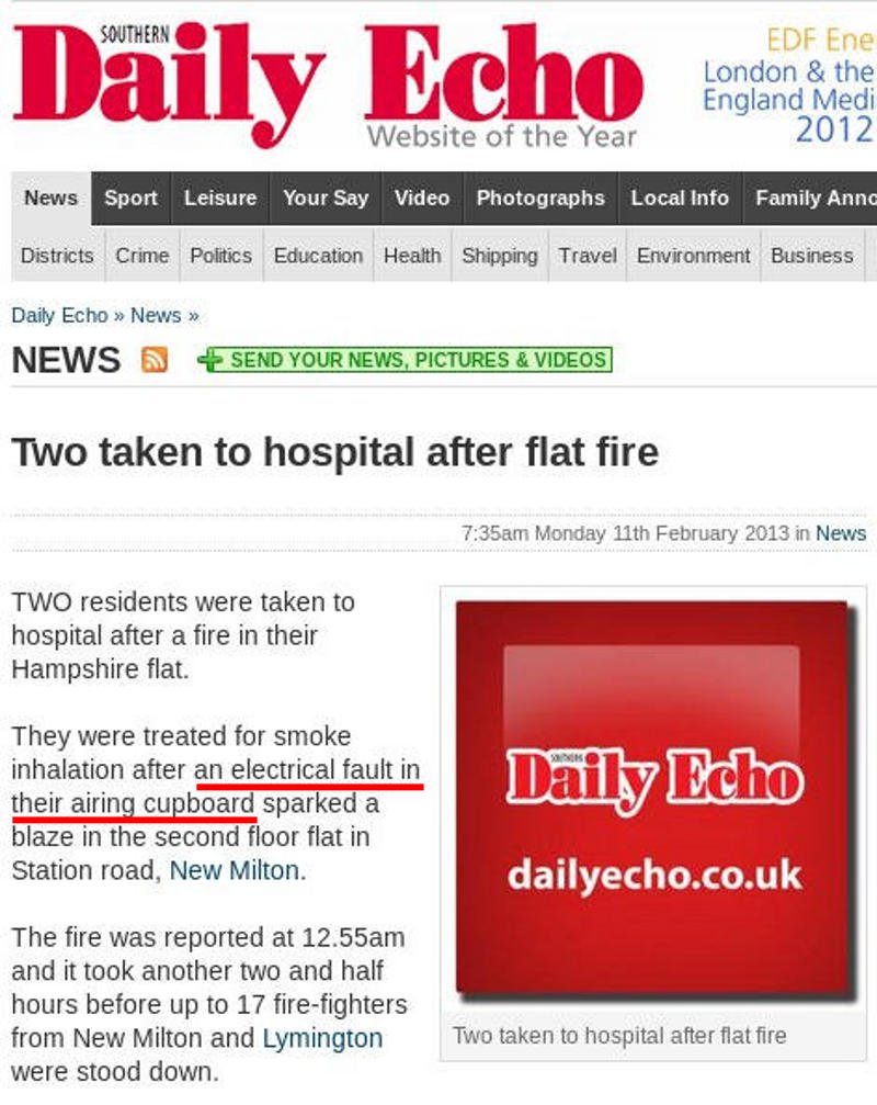 Local newspaper item about an airing cupboard fire, caused by an electrical fault