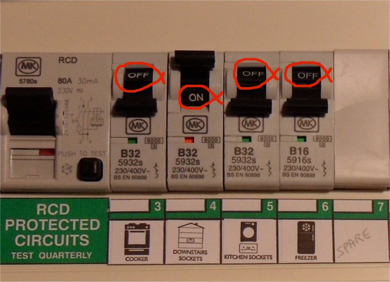 Continue connecting one load at a time, making sure the RCD is on