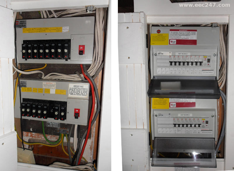 Replace two fuseboxes with consumer units and fix various faults