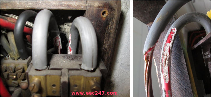 picture of PVC covered main electrical tails with rodent (rat or large mouse) damage run in wall cavity