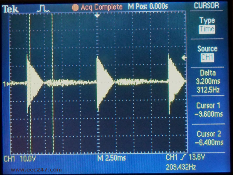 Photograph of a leading edge dimmer signal through an electronic transformer with the dimmer set to min position