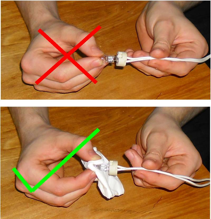 photograph showing how to correctly replace a halogen capsule lamp