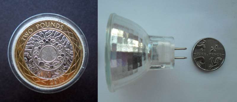 photograph of a halogen MR11 capsule compared to coins