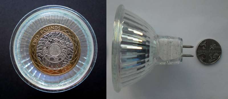 photograph of a halogen MR16 capsule compared to coins