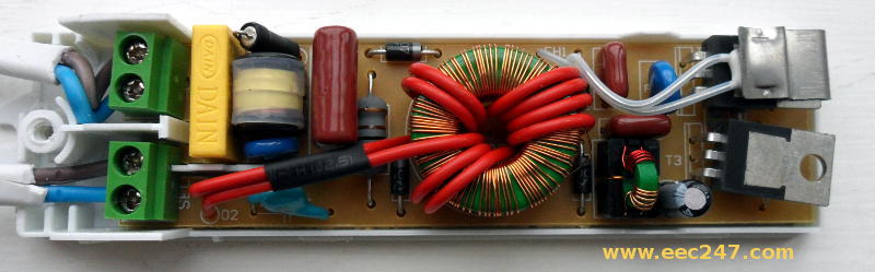 photograph of the internals of a typical electronic transformer